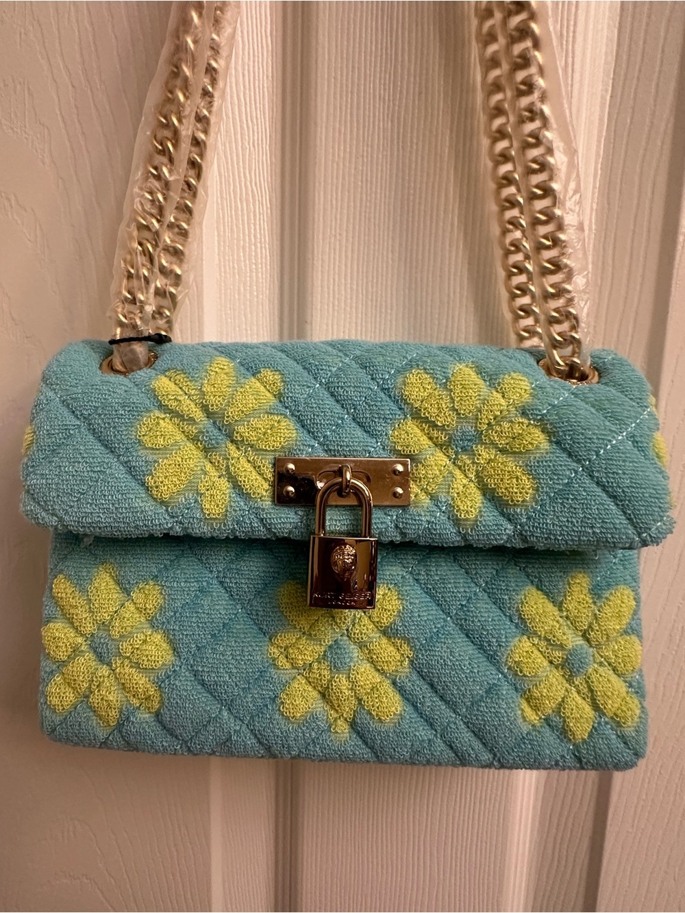 Kurt Geiger Turquoise Quilted Shoulder Bag with Yellow Floral Motif